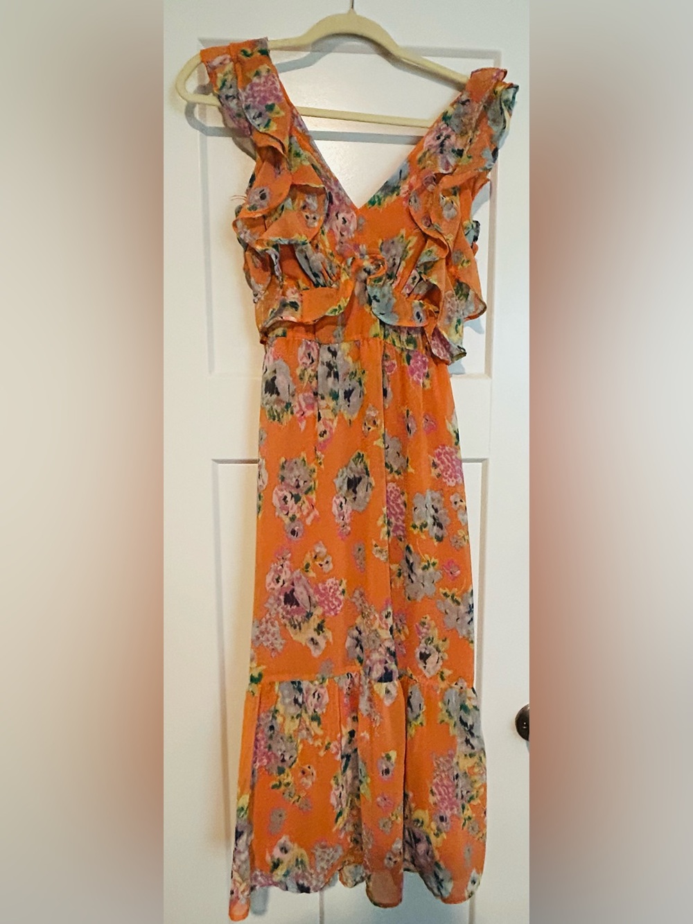 LC Lauren Conrad Orange Floral Ruffle Midi Dress